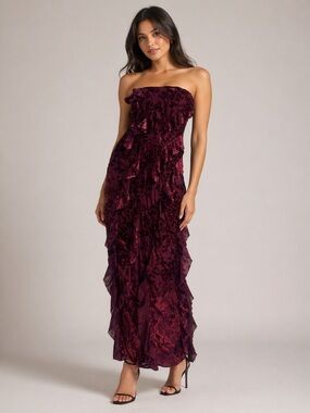 Burgundy Strapless Ruffle Maxi Dress | Floral Velvet Detail | S/M/L